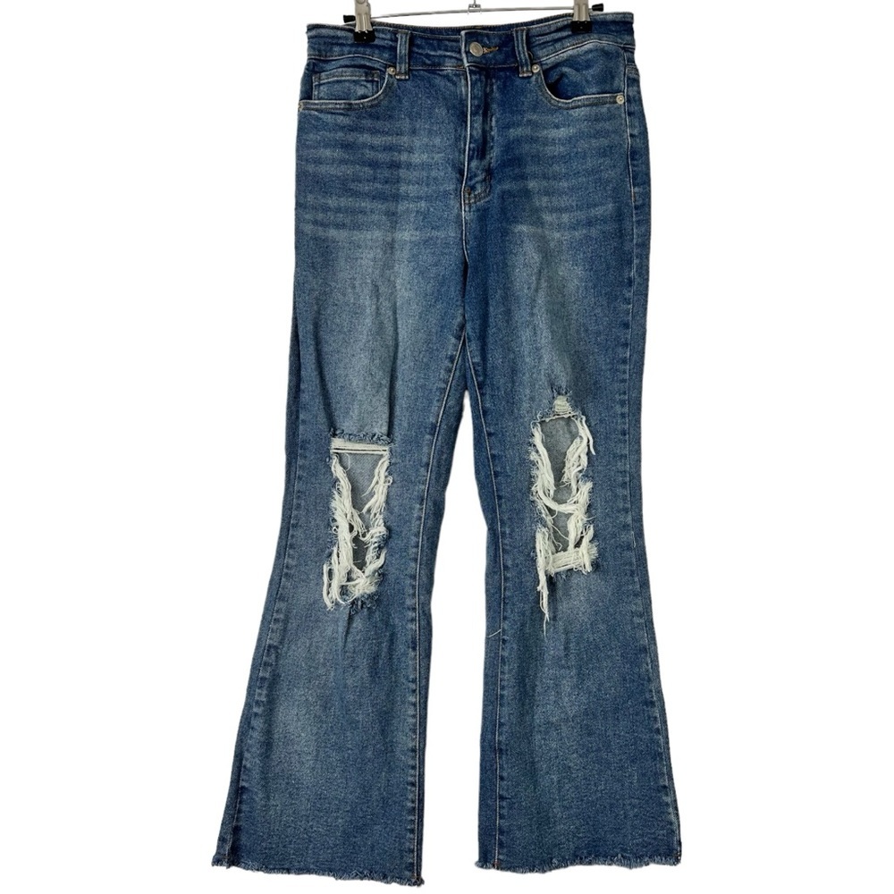 Forever21 Jeans Flare Leg High Rise Busted Knees Raw Hem Dark Wash Stretch 29